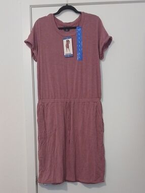 Dusty Rose Short-Sleeve Midi Dress with Drawstring Waist